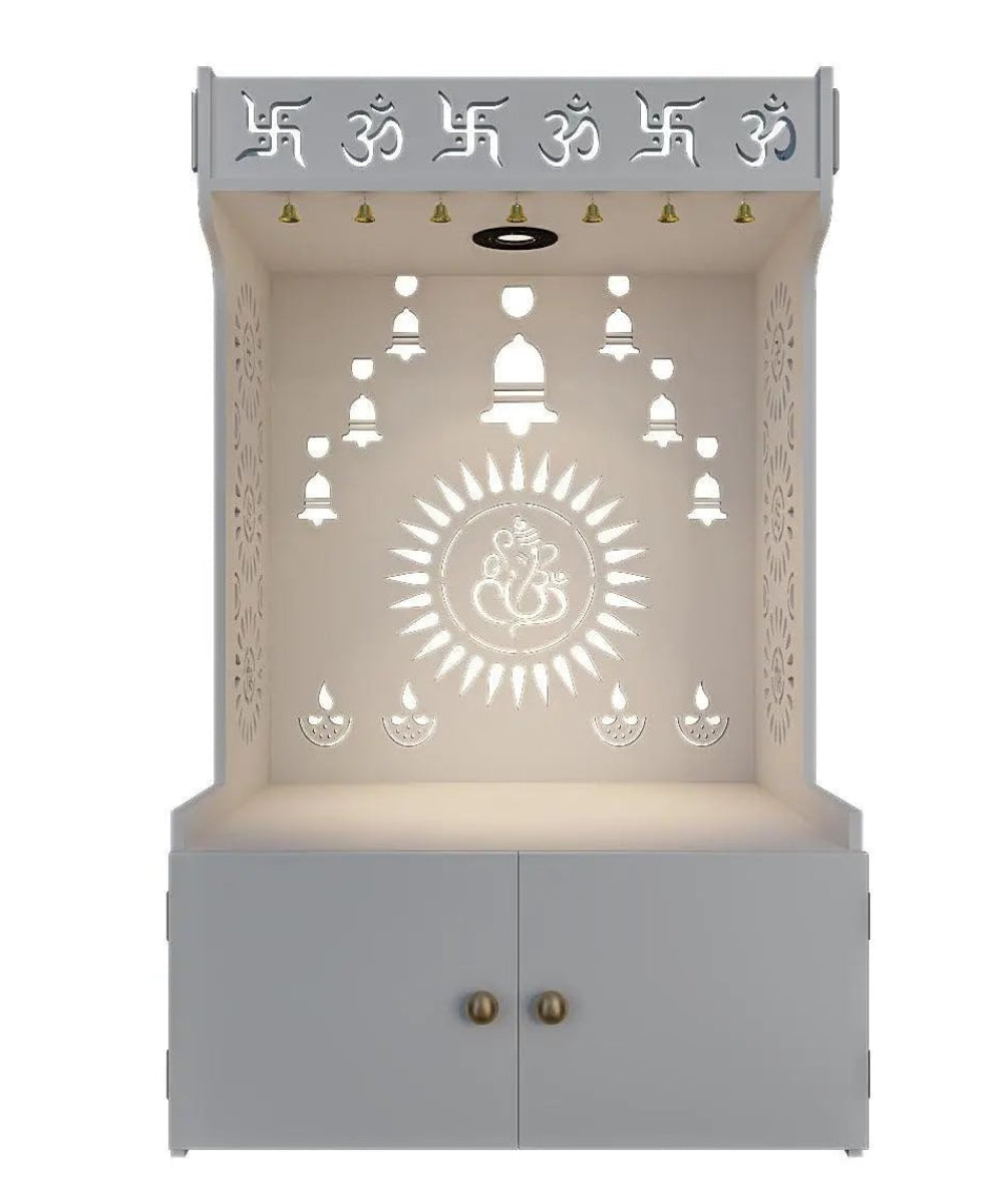 Modern White Engineered Wood Pooja Mandir with LED Backlit Acrylic Signage (#MM1004)
