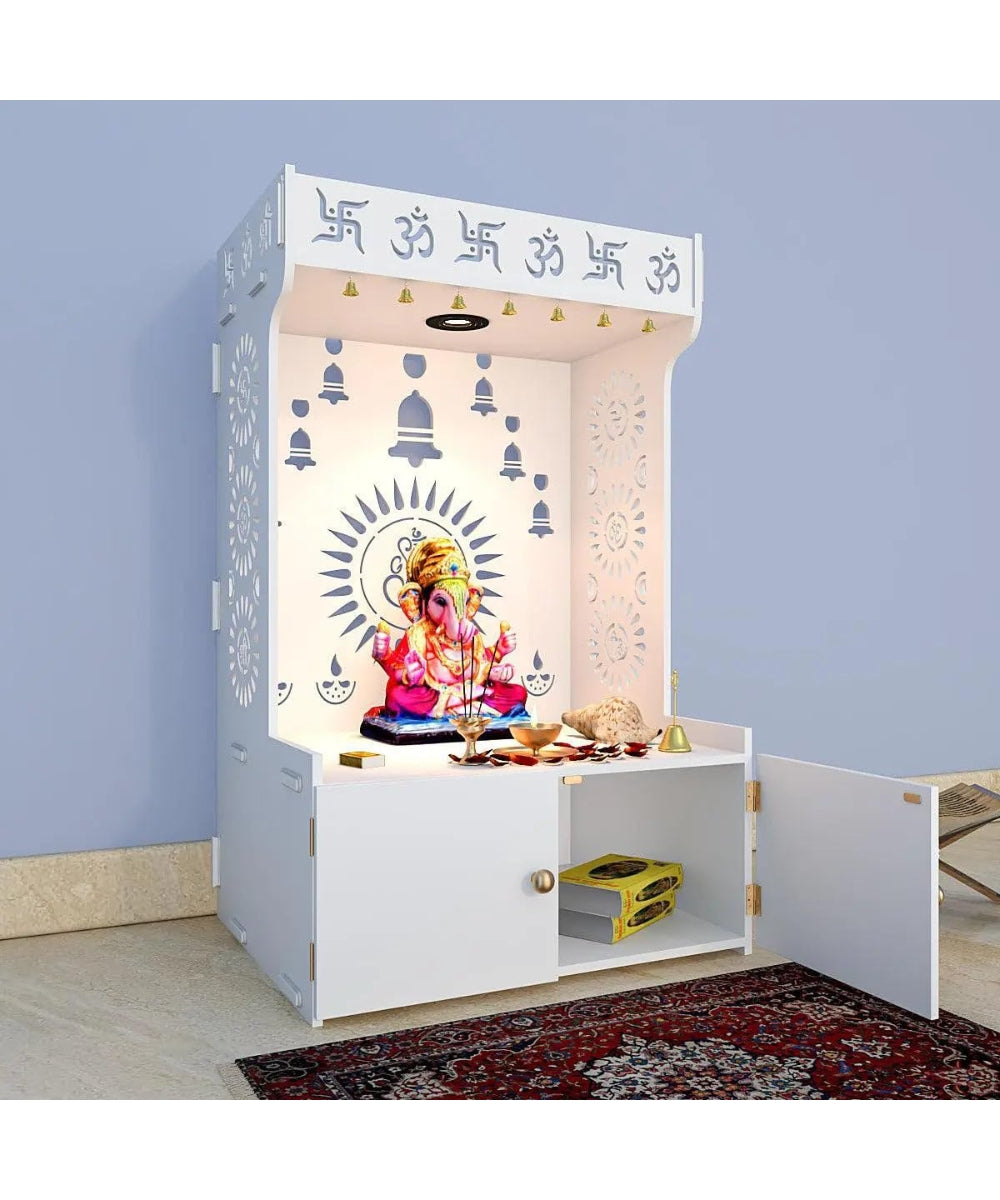 Modern White Engineered Wood Pooja Mandir with LED Backlit Acrylic Signage (#MM1004)