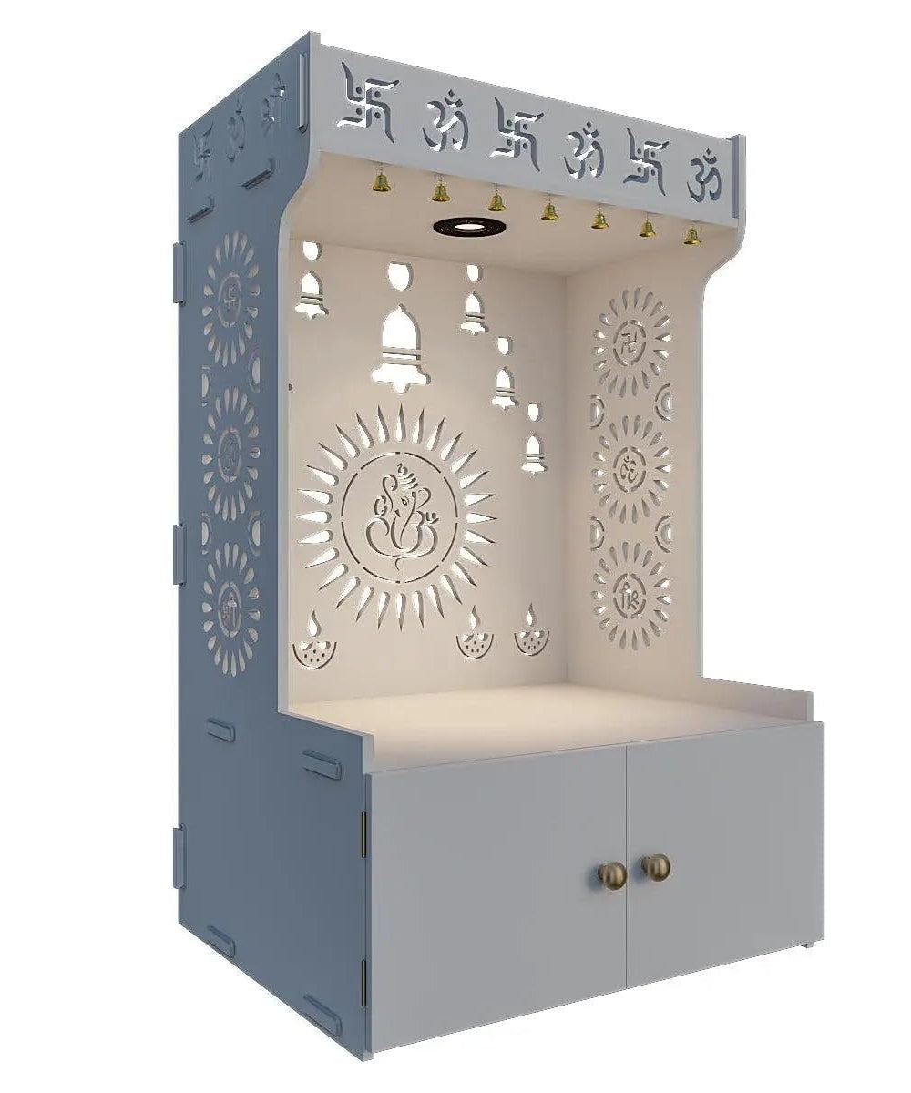 Modern White Engineered Wood Pooja Mandir with LED Backlit Acrylic Signage (#MM1004)