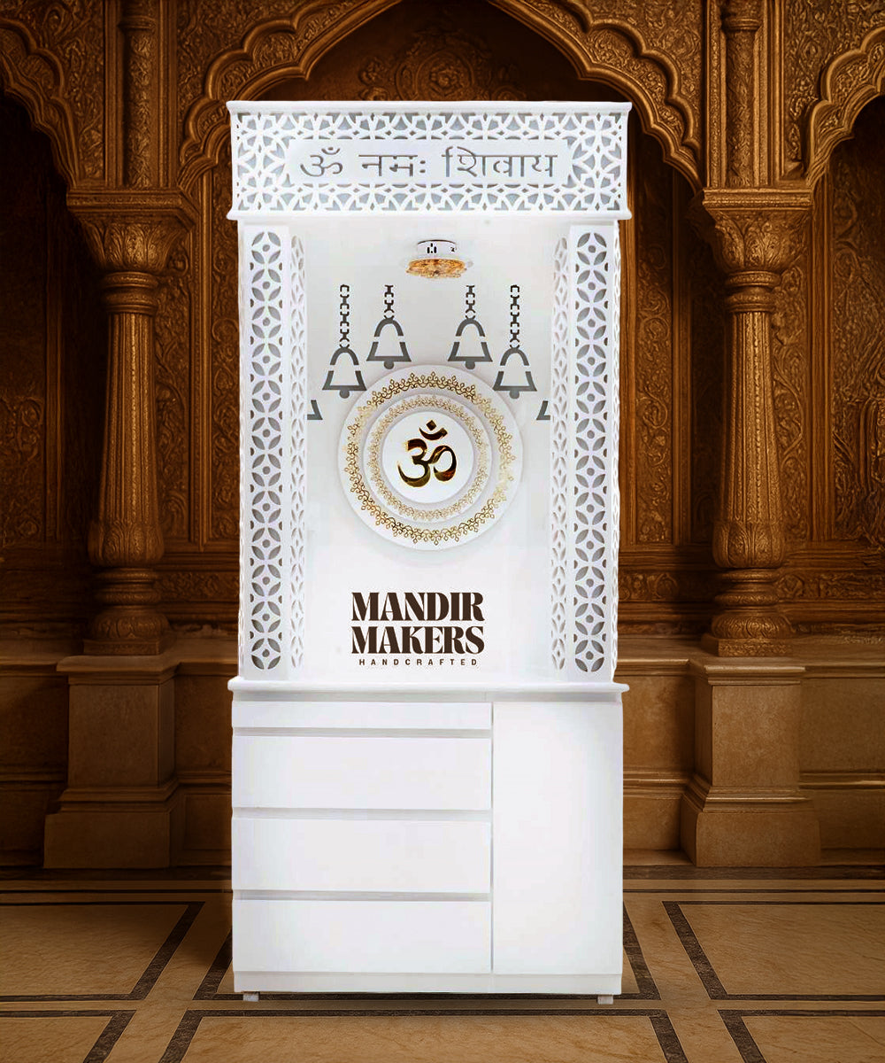 MDF Wood Temple with Spacious Shelf with premium OM Design & Inbuilt Focus Light- White (#MM4001)