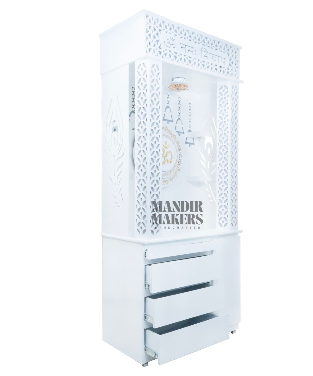 MDF Wood Temple with Spacious Shelf with premium OM Design & Inbuilt Focus Light- White (#MM4001)