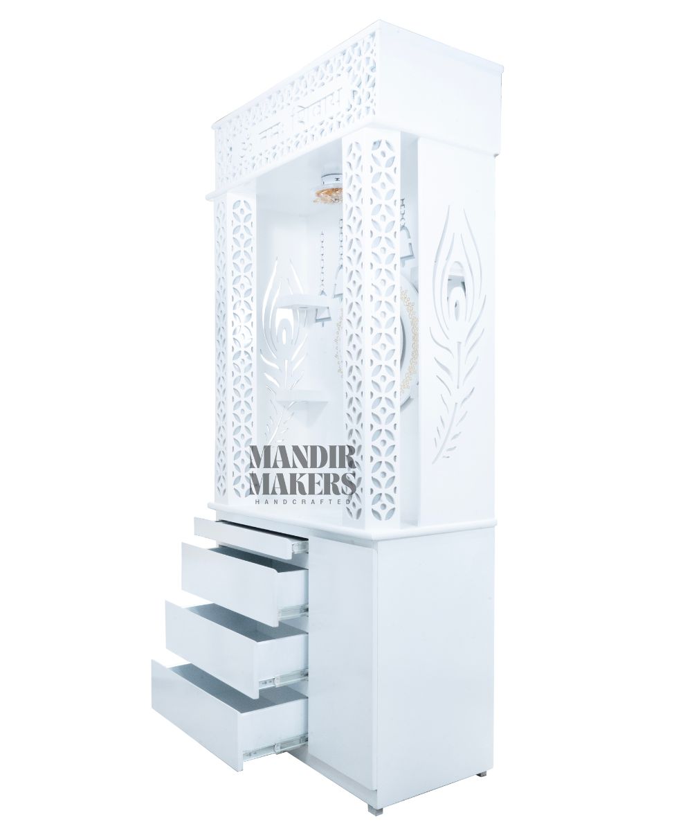 MDF Wood Temple with Spacious Shelf with premium OM Design & Inbuilt Focus Light- White (#MM4001)