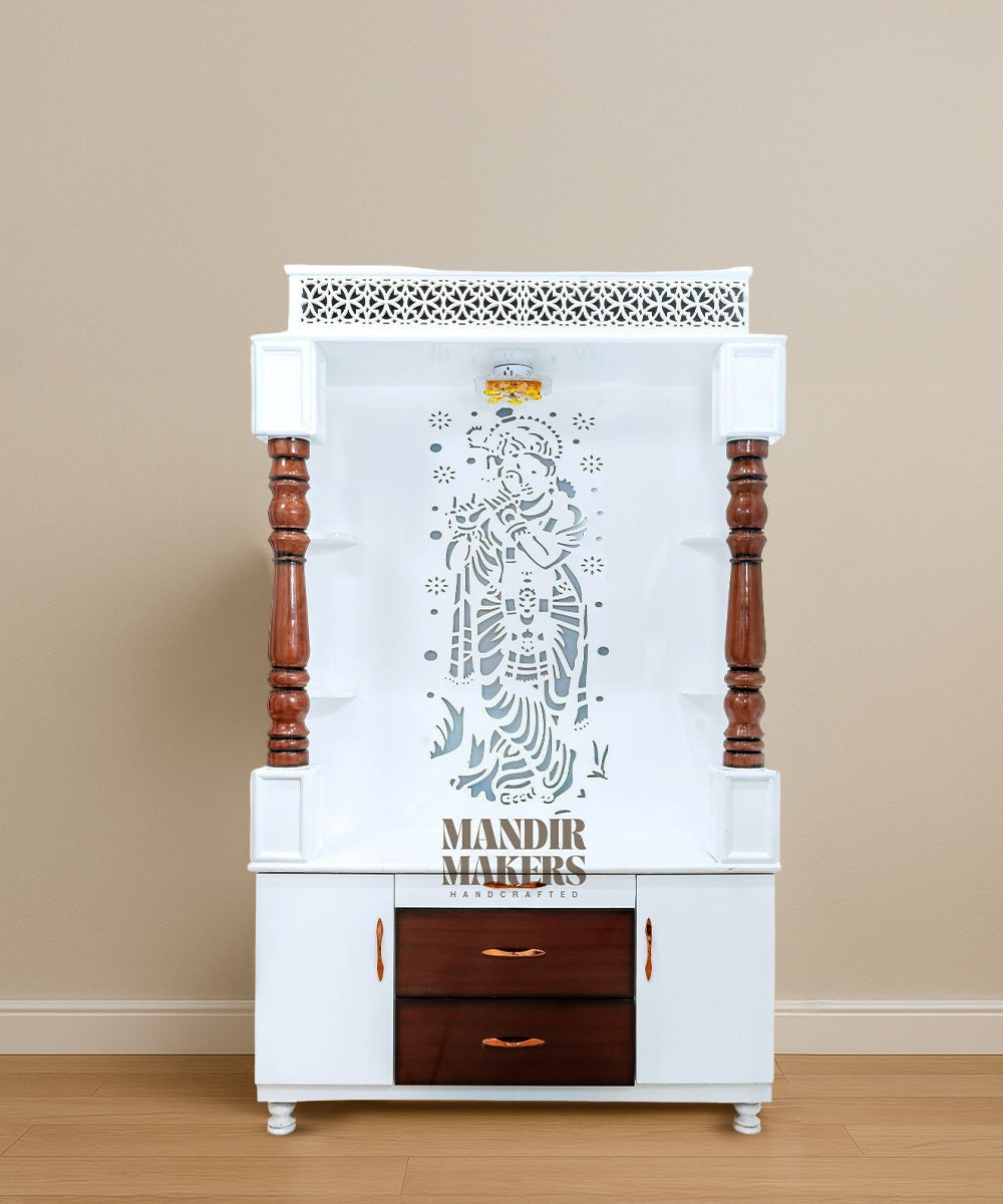 MDF Wood Temple with Krishna Back Design & LED Backlight- Dual Tone (#MM4003)