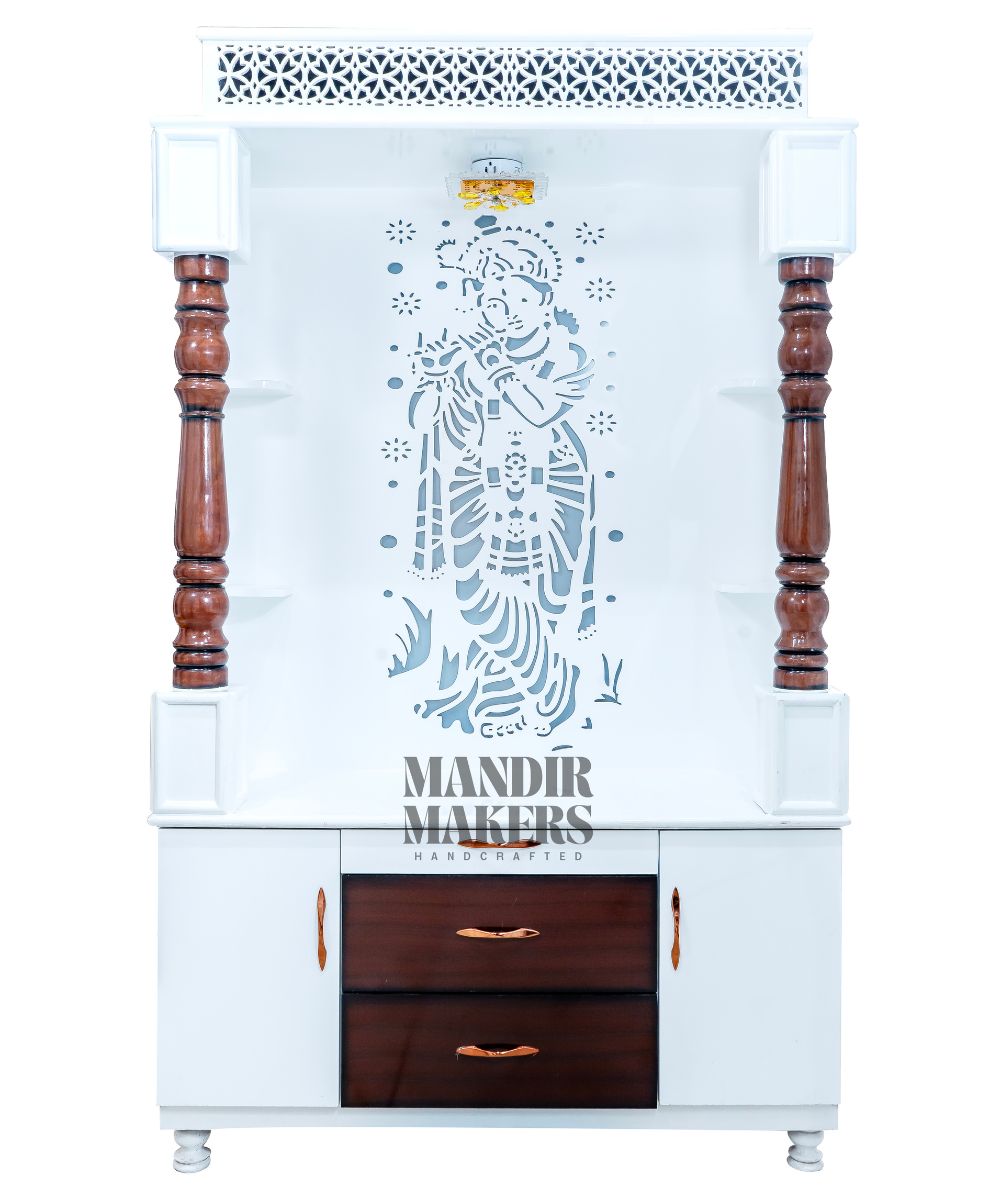 MDF Wood Temple with Krishna Back Design & LED Backlight- Dual Tone (#MM4003)