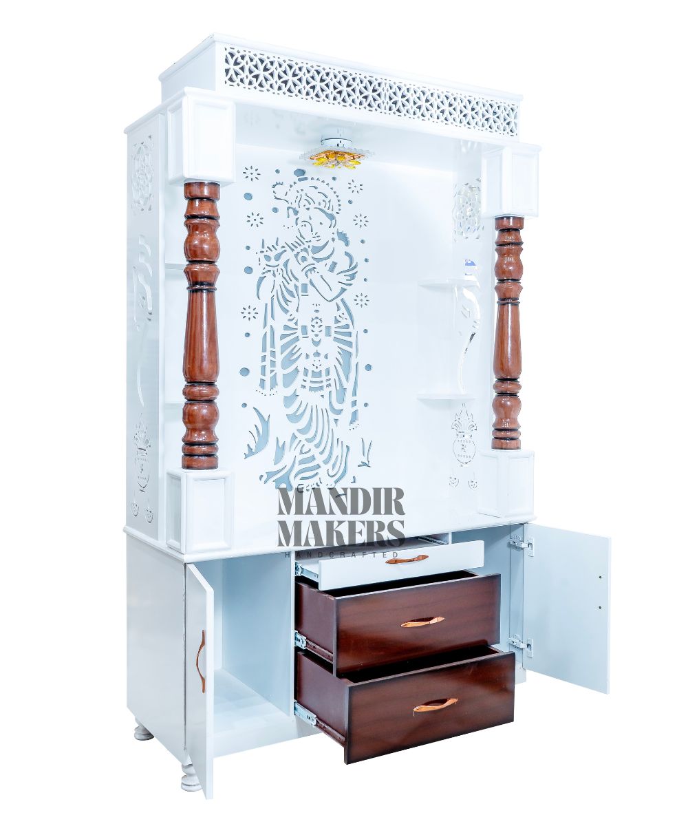 MDF Wood Temple with Krishna Back Design & LED Backlight- Dual Tone (#MM4003)