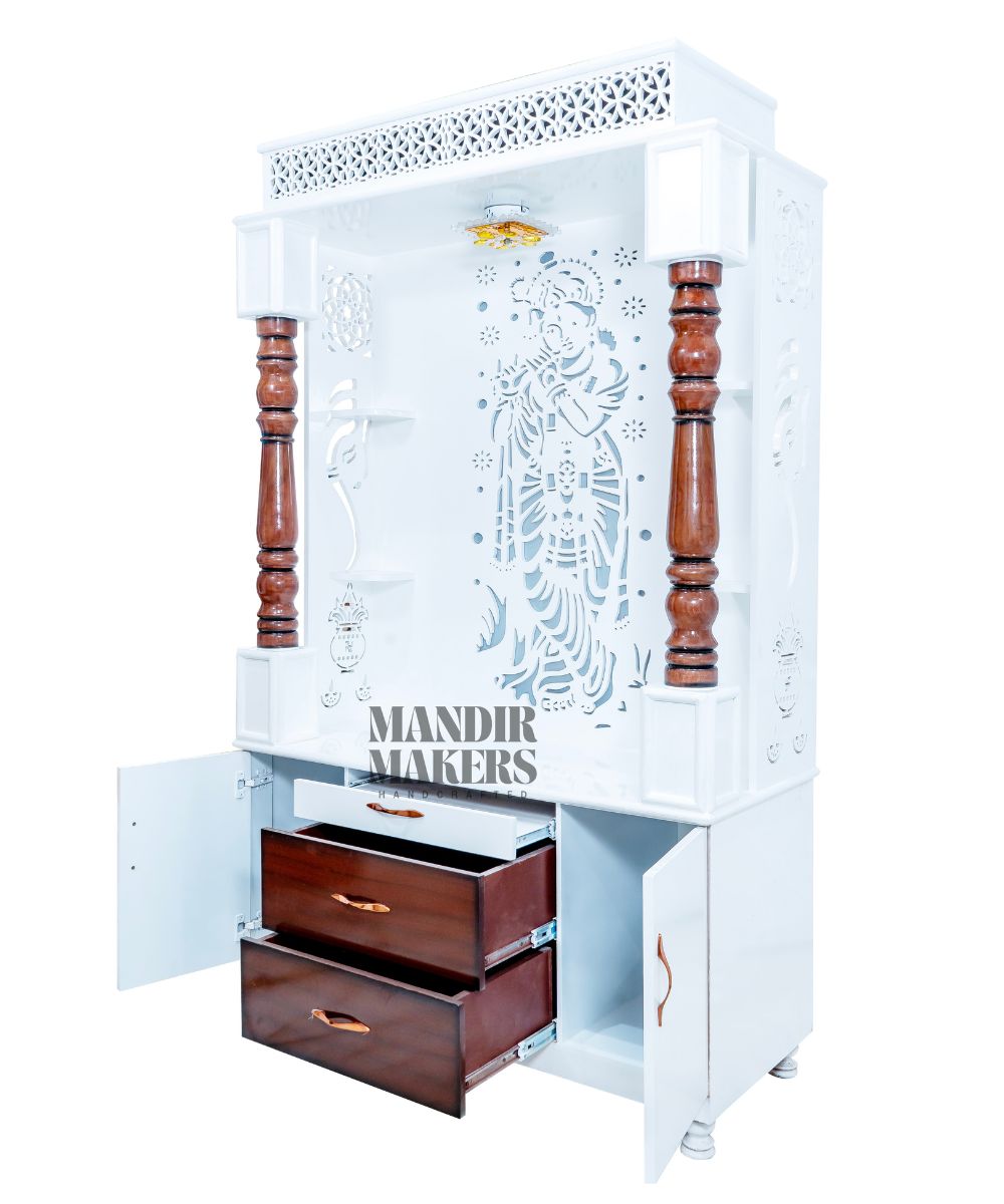MDF Wood Temple with Krishna Back Design & LED Backlight- Dual Tone (#MM4003)