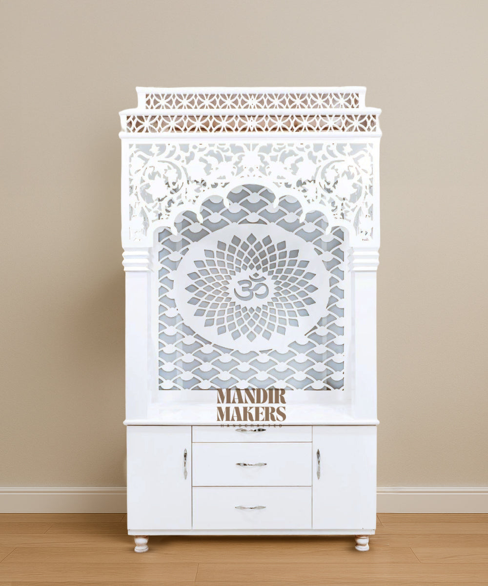 Mandir Makers White MDF Mandir – LED-Illuminated, Storage-Integrated (#MM4004)