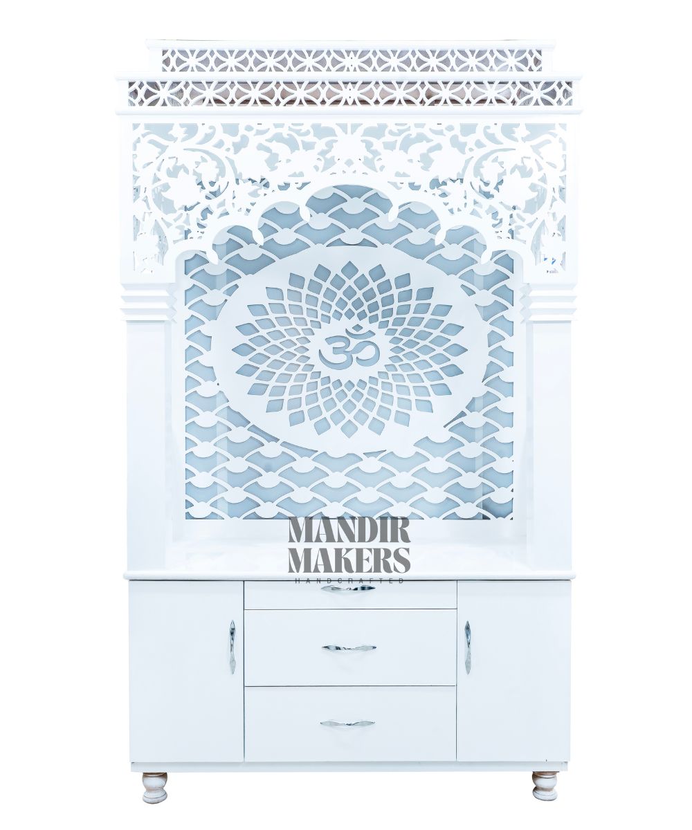 Mandir Makers White MDF Mandir – LED-Illuminated, Storage-Integrated (#MM4004)