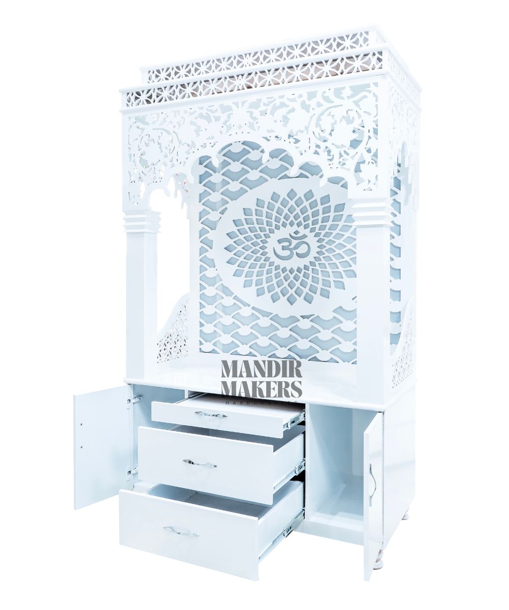 Mandir Makers White MDF Mandir – LED-Illuminated, Storage-Integrated (#MM4004)