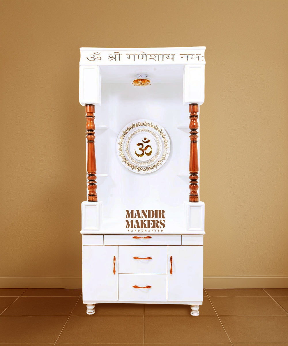 White MDF Pooja Temple — LED Backlight & Smart Storage (#MM4006)