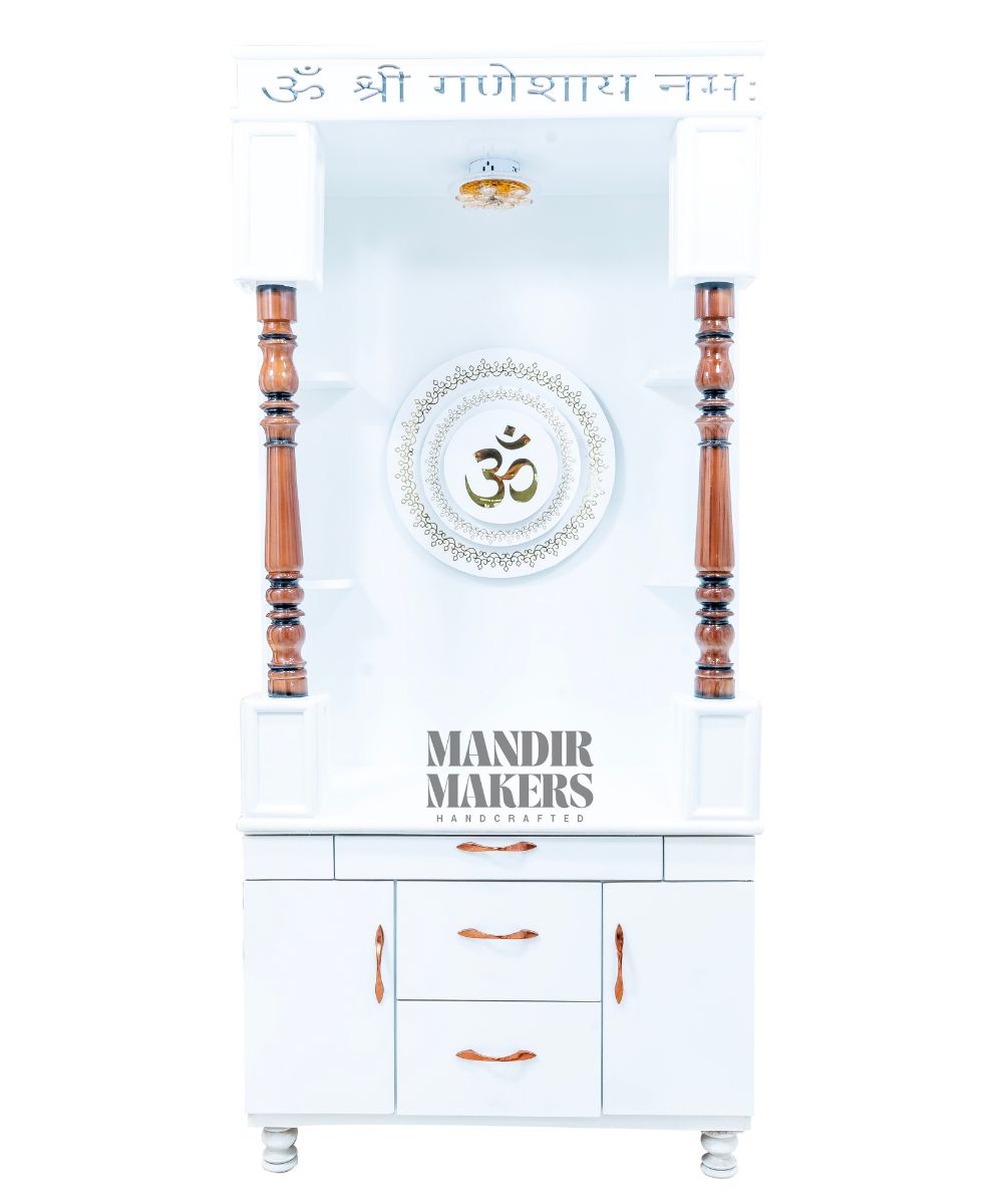 White MDF Pooja Temple — LED Backlight & Smart Storage (#MM4006)