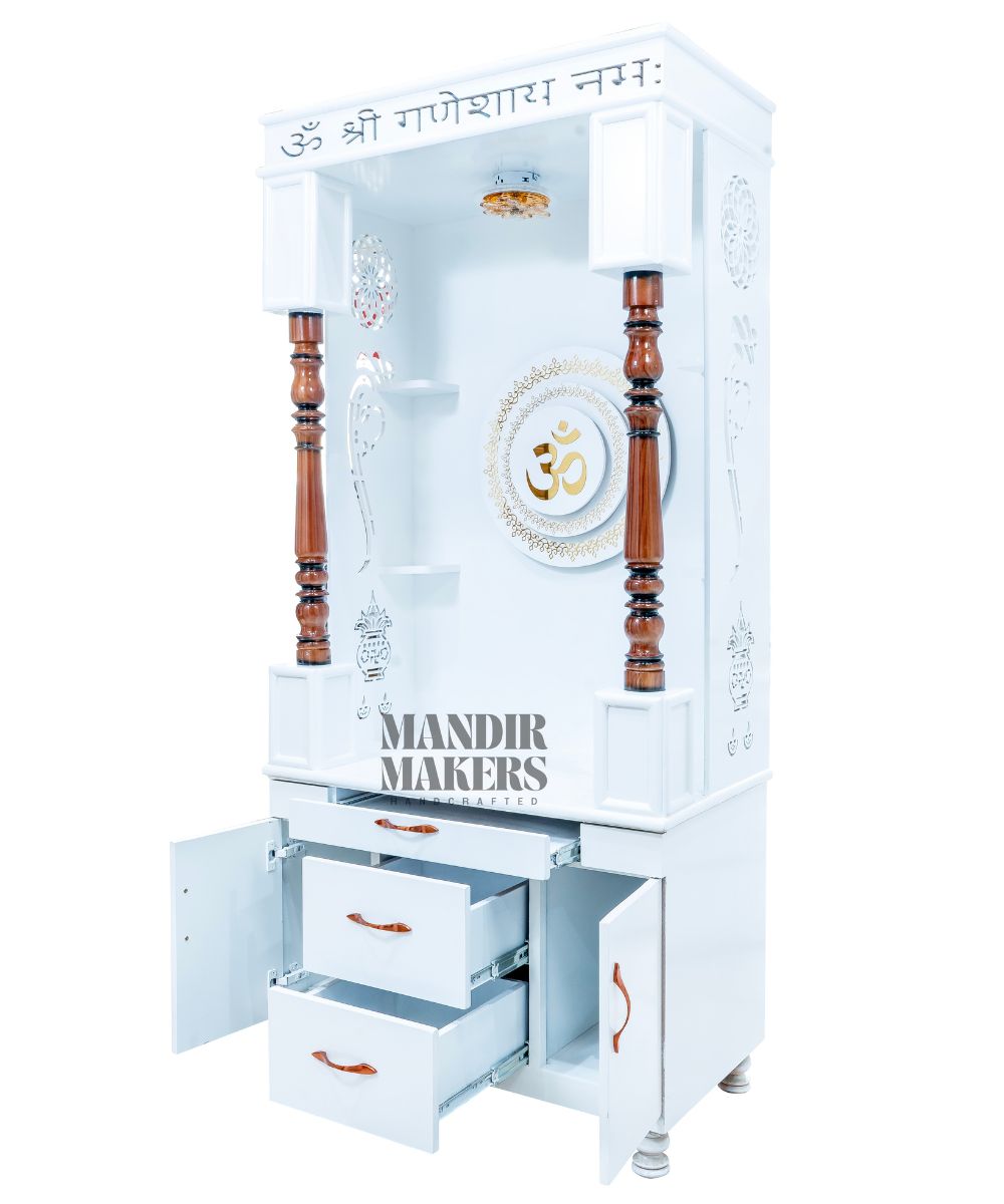 White MDF Pooja Temple — LED Backlight & Smart Storage (#MM4006)