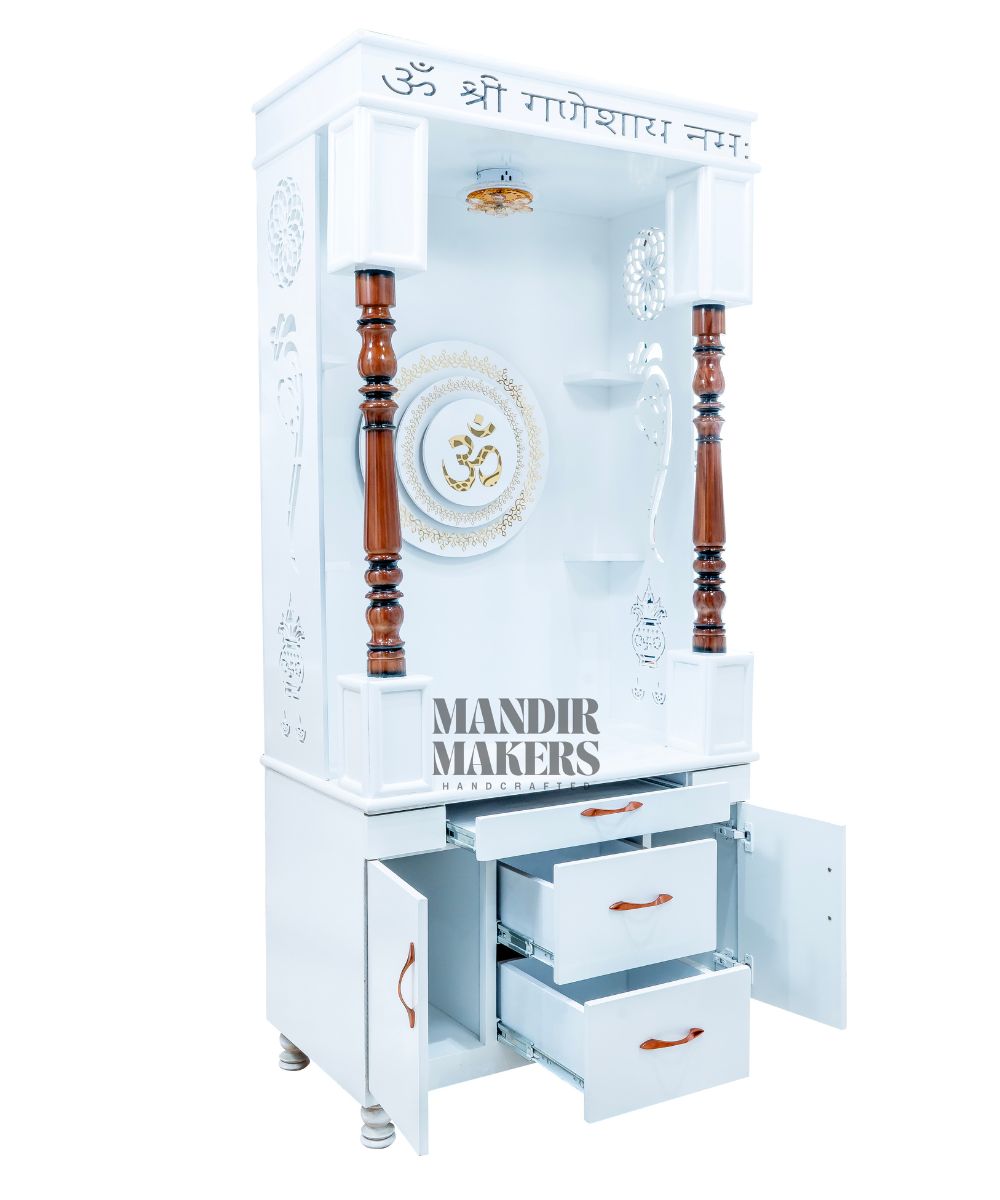 White MDF Pooja Temple — LED Backlight & Smart Storage (#MM4006)