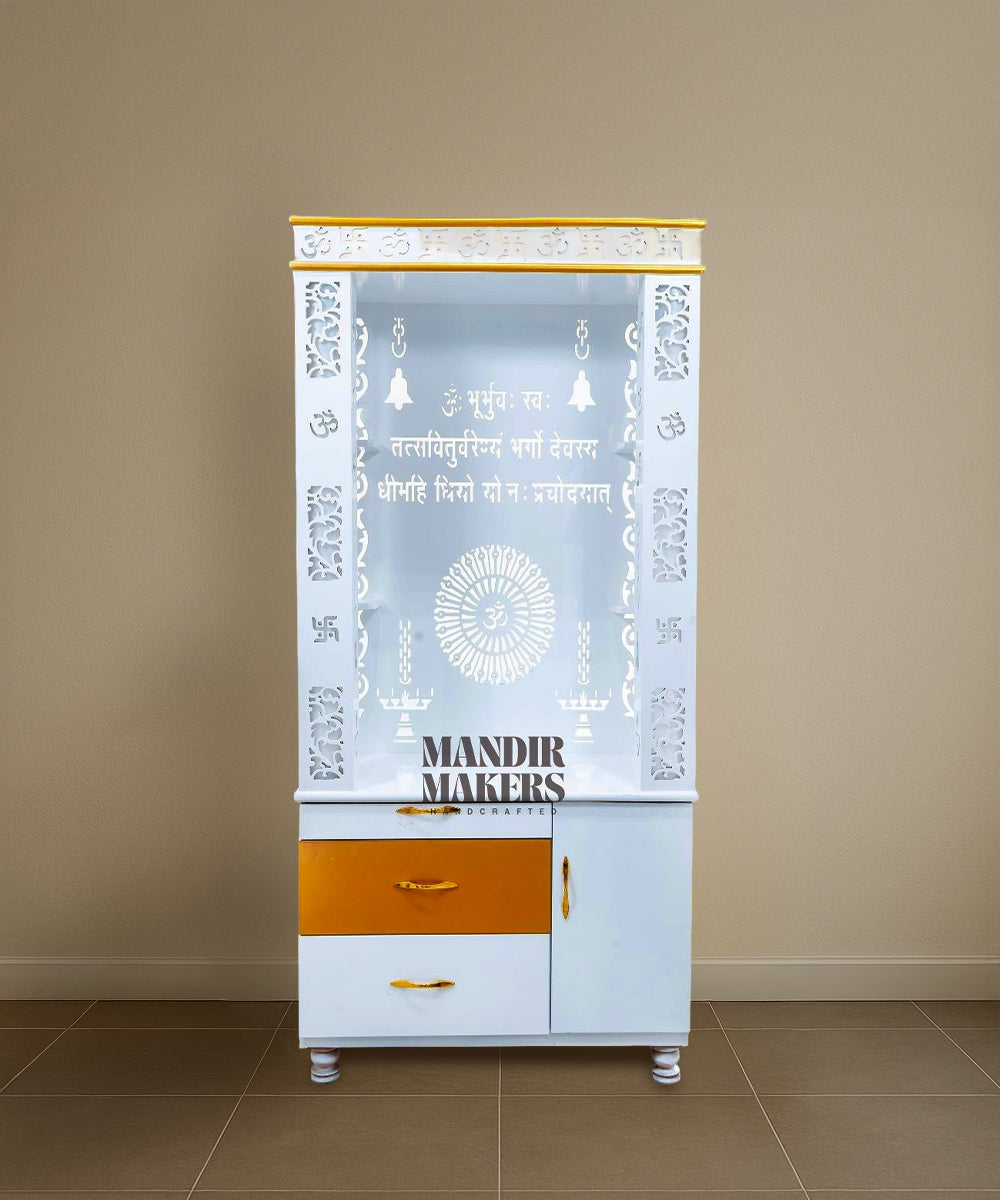 Sleek White MDF Temple with Illuminated OM Backdrop & LED Glow (#MM4008)