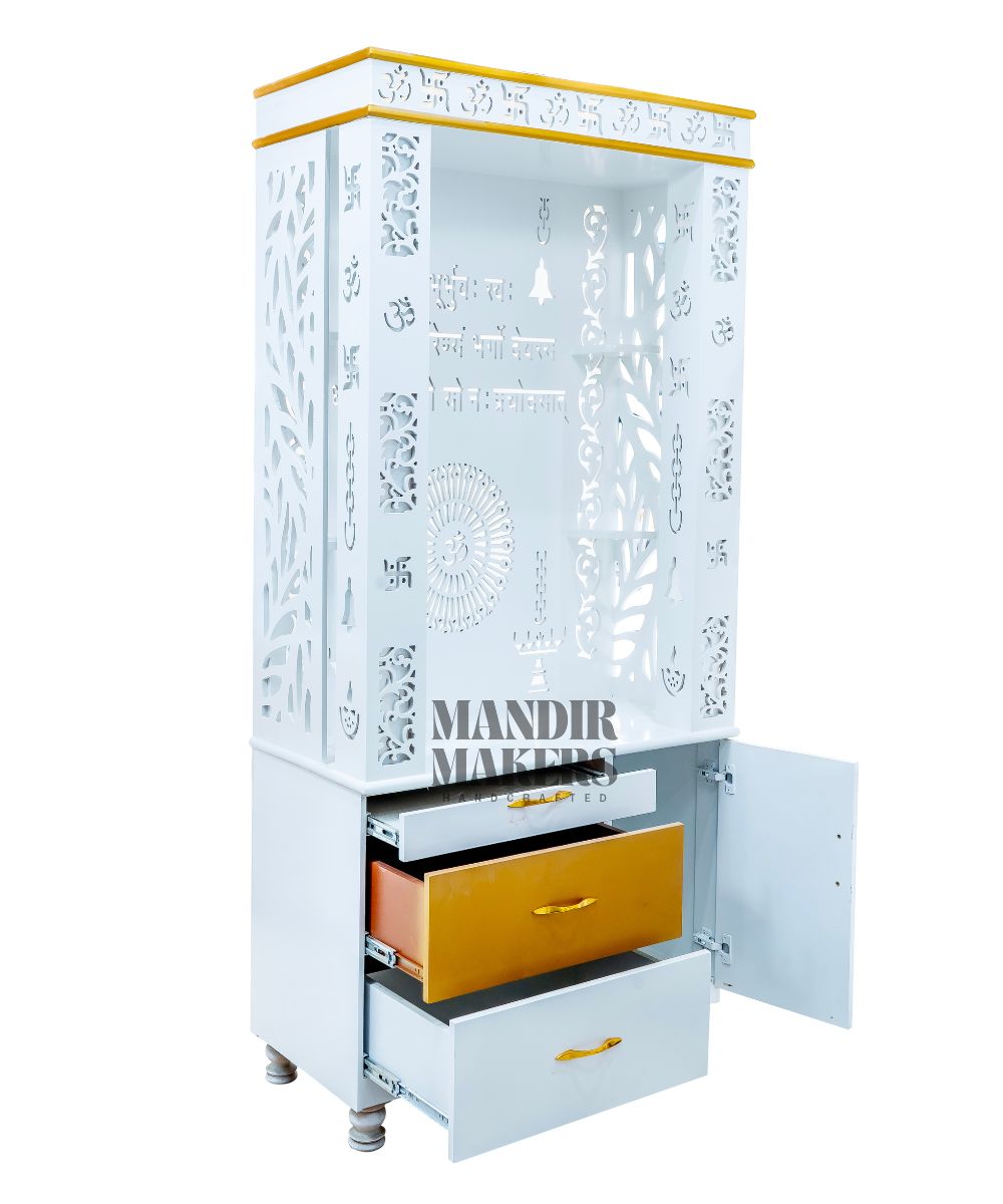 Sleek White MDF Temple with Illuminated OM Backdrop & LED Glow (#MM4008)