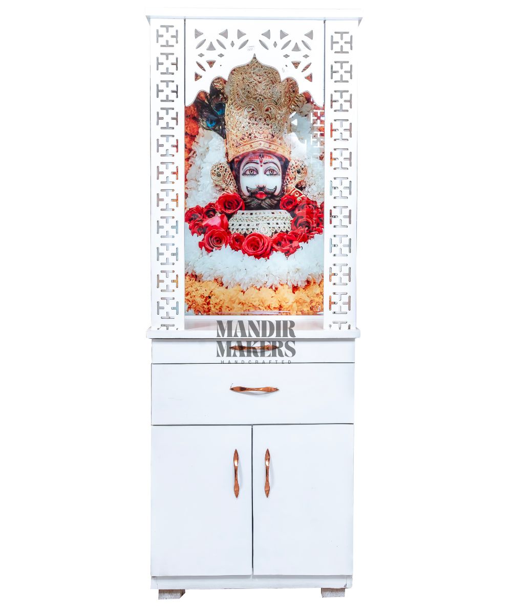 White MDF Wood Temple with Khatu Shyam Ji Design (#MM4011)