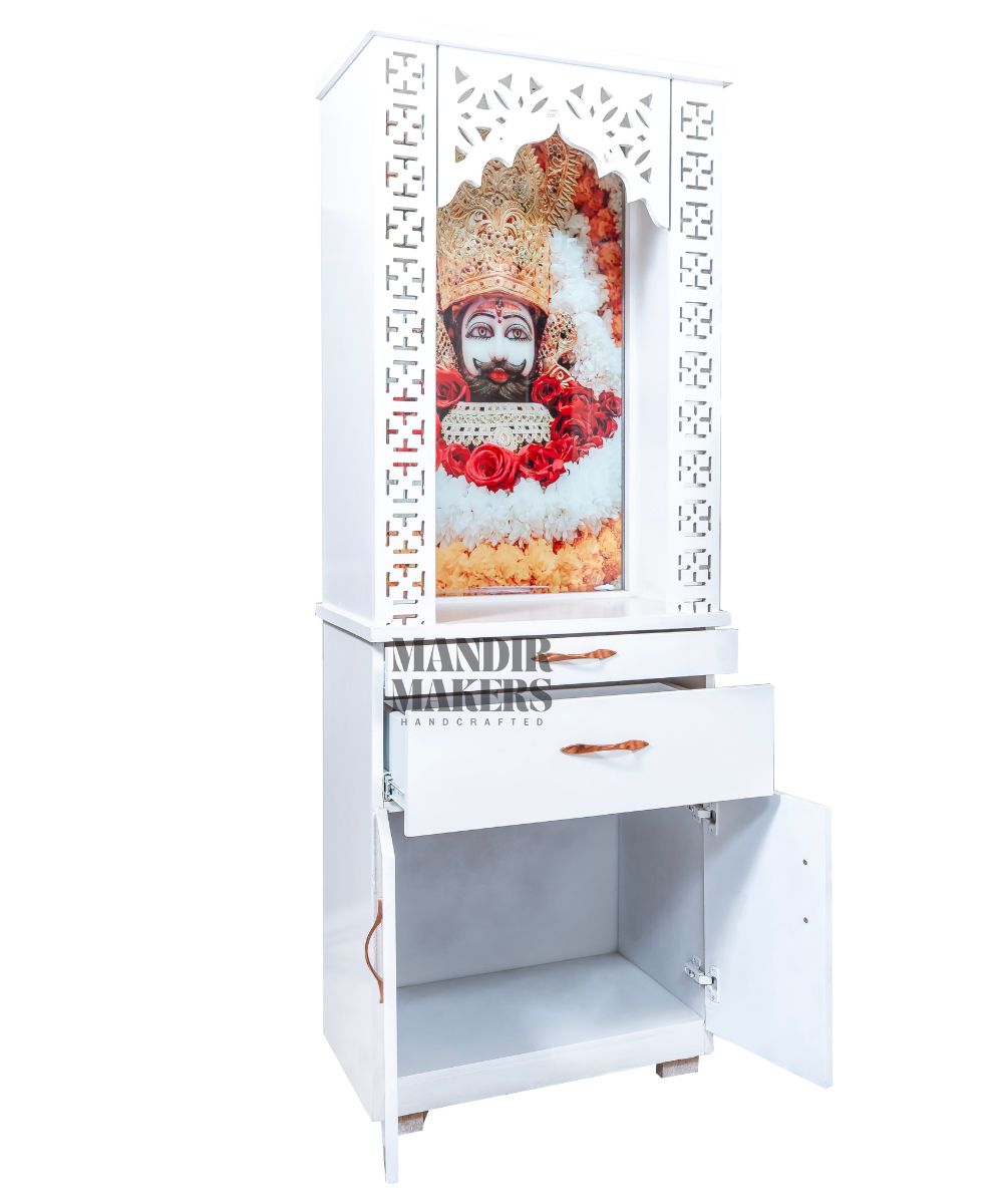 White MDF Wood Temple with Khatu Shyam Ji Design (#MM4011)