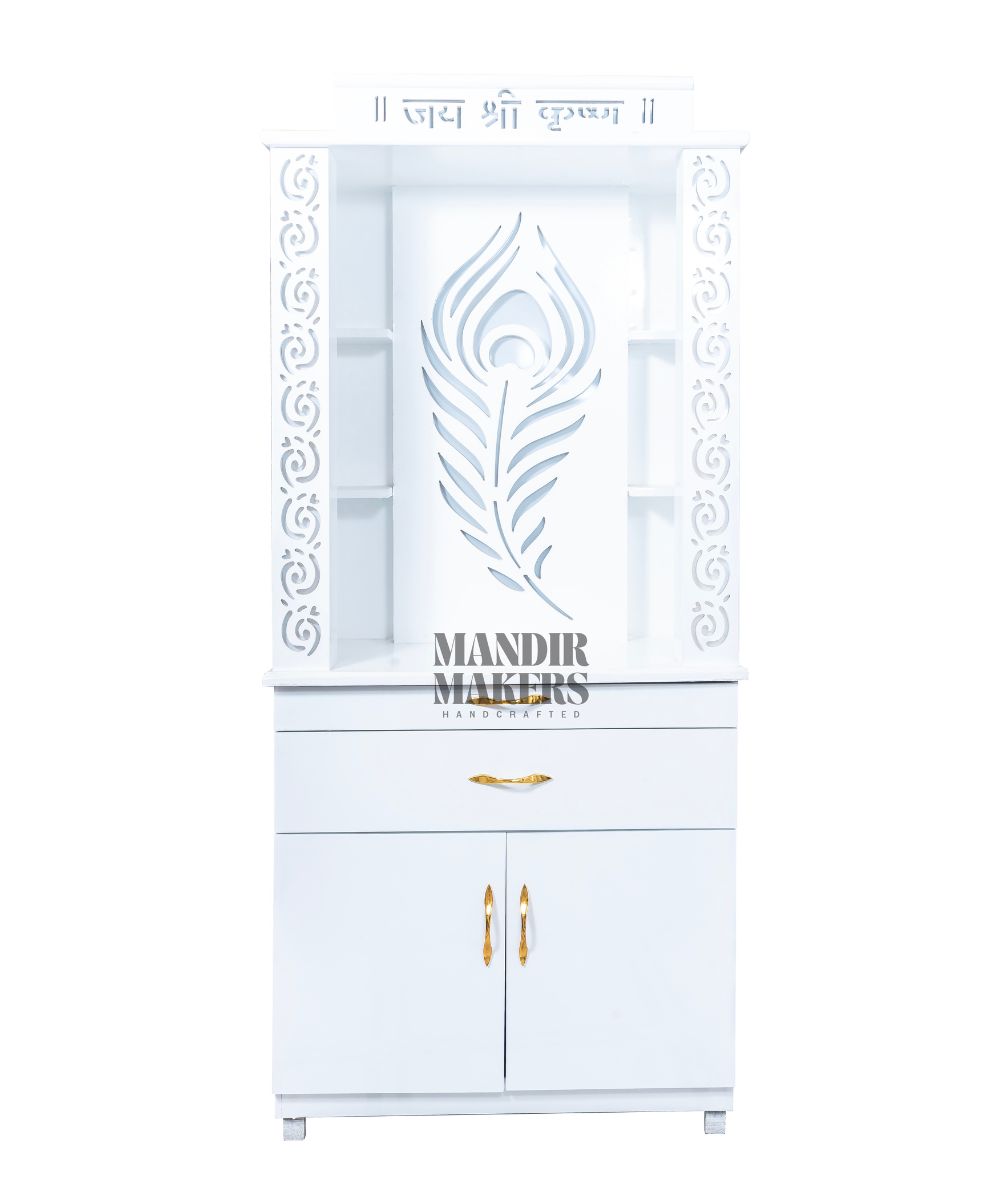 MDF Wood Temple with Mor Pankh Design & LED Backlight- White (#MM4013)