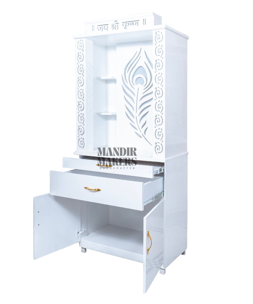 MDF Wood Temple with Mor Pankh Design & LED Backlight- White (#MM4013)