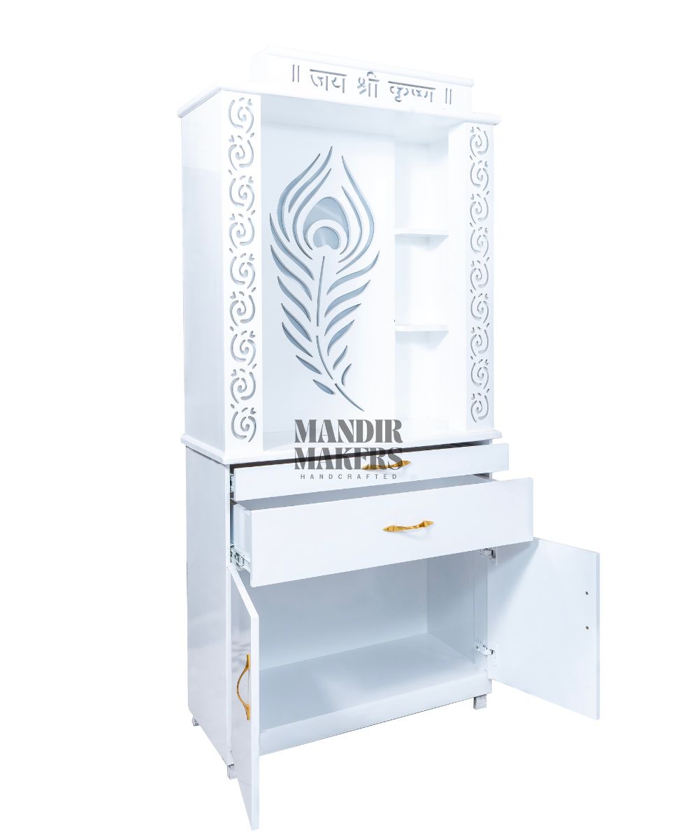 MDF Wood Temple with Mor Pankh Design & LED Backlight- White (#MM4013)