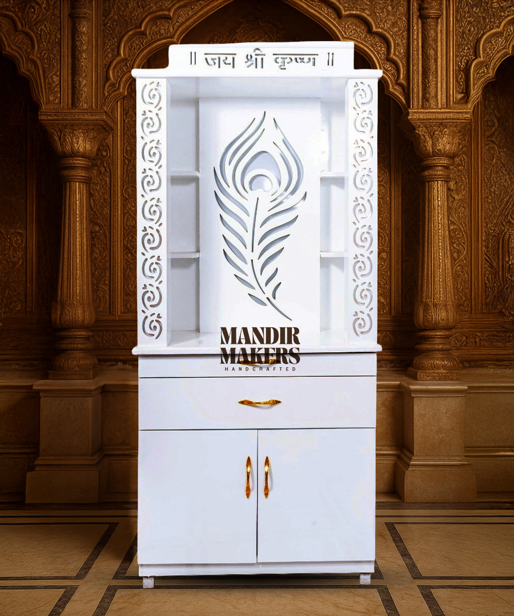 MDF Wood Temple with Mor Pankh Design & LED Backlight- White (#MM4013)