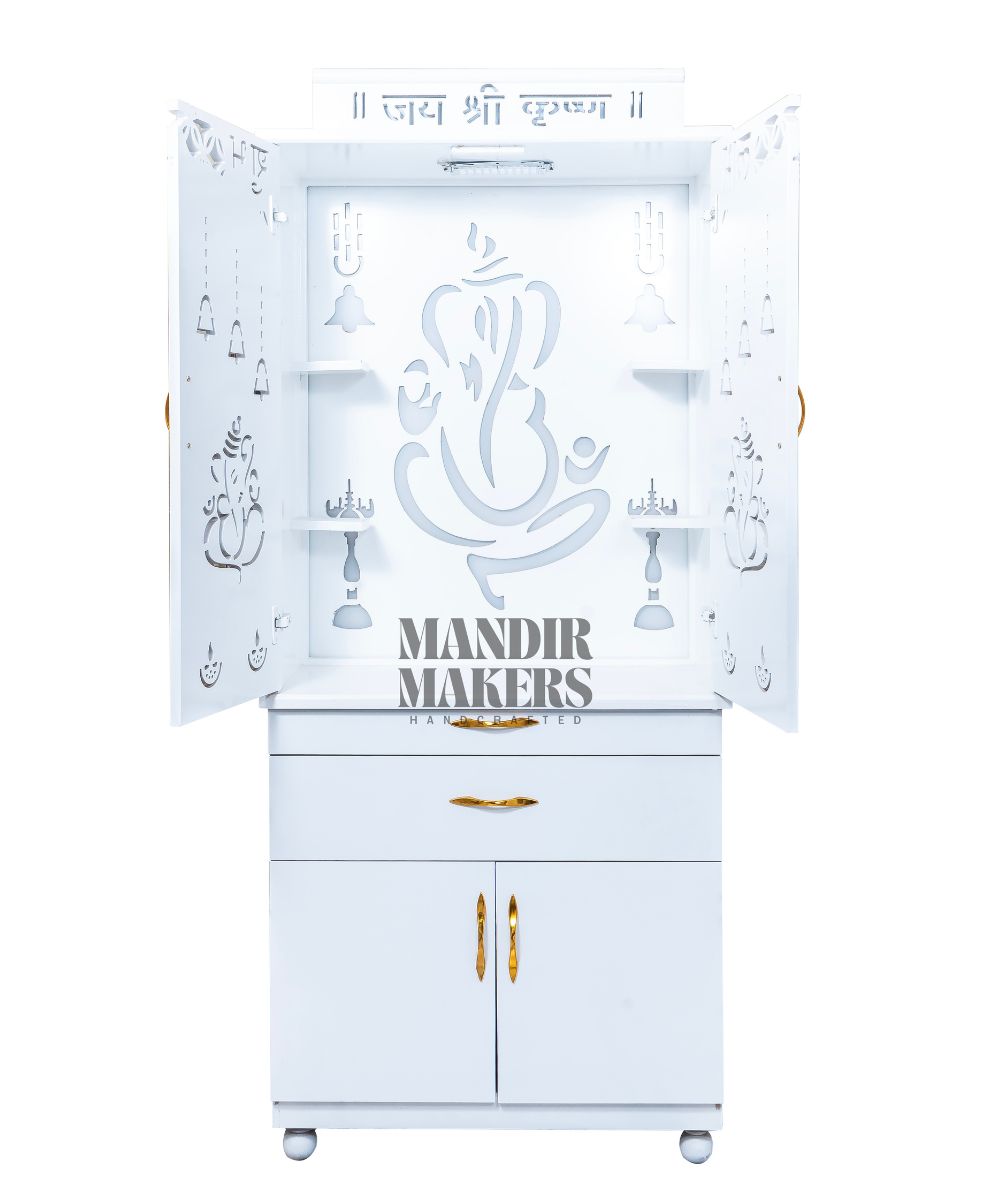 MDF Wood Temple with Ganesh Ji Design & LED Backlight- White (#MM4014)