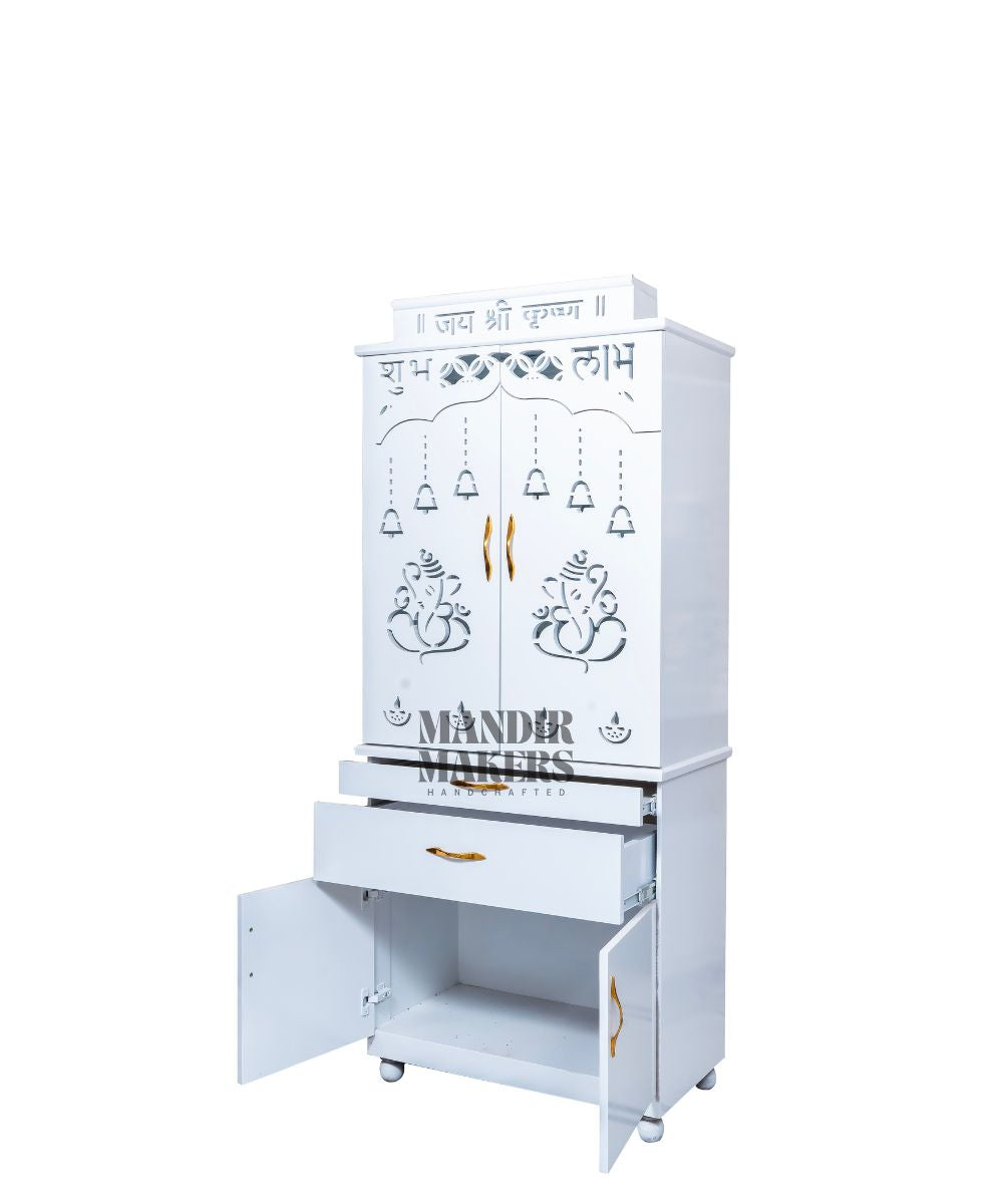 MDF Wood Temple with Ganesh Ji Design & LED Backlight- White (#MM4014)