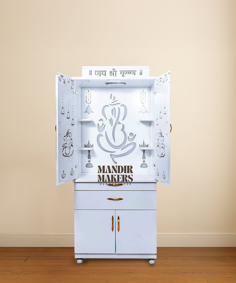 MDF Wood Temple with Ganesh Ji Design & LED Backlight- White (#MM4014)