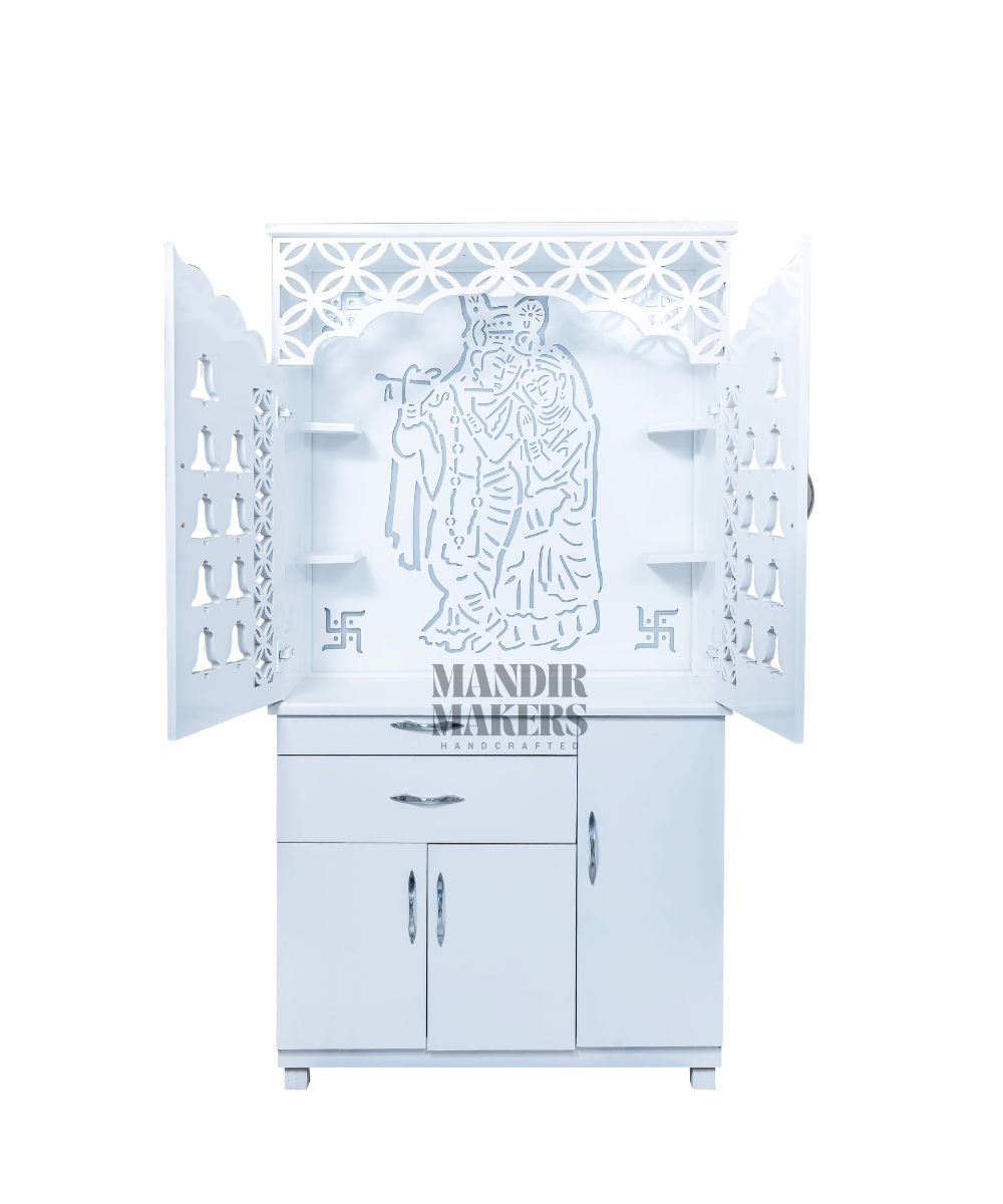 Minimalist MDF Puja Mandir Featuring Radha Krishna Engraving & LED Lighting (#MM4015)