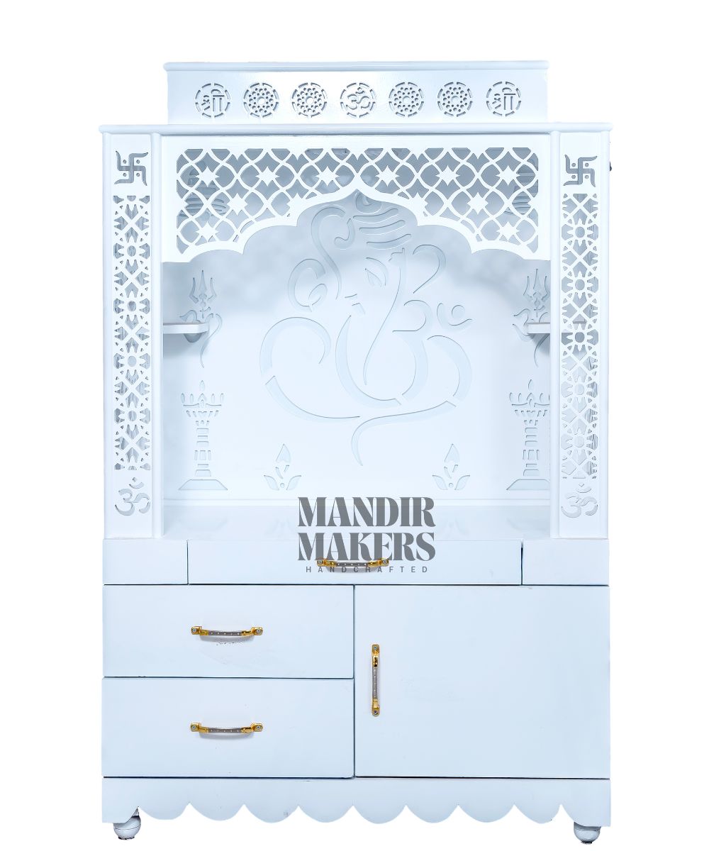 MDF Wood Temple with Ganesh Ji Design & LED Backlight- White (#MM4019)