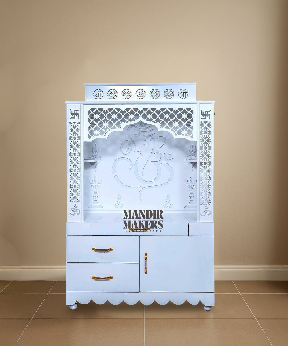MDF Wood Temple with Ganesh Ji Design & LED Backlight- White (#MM4019)