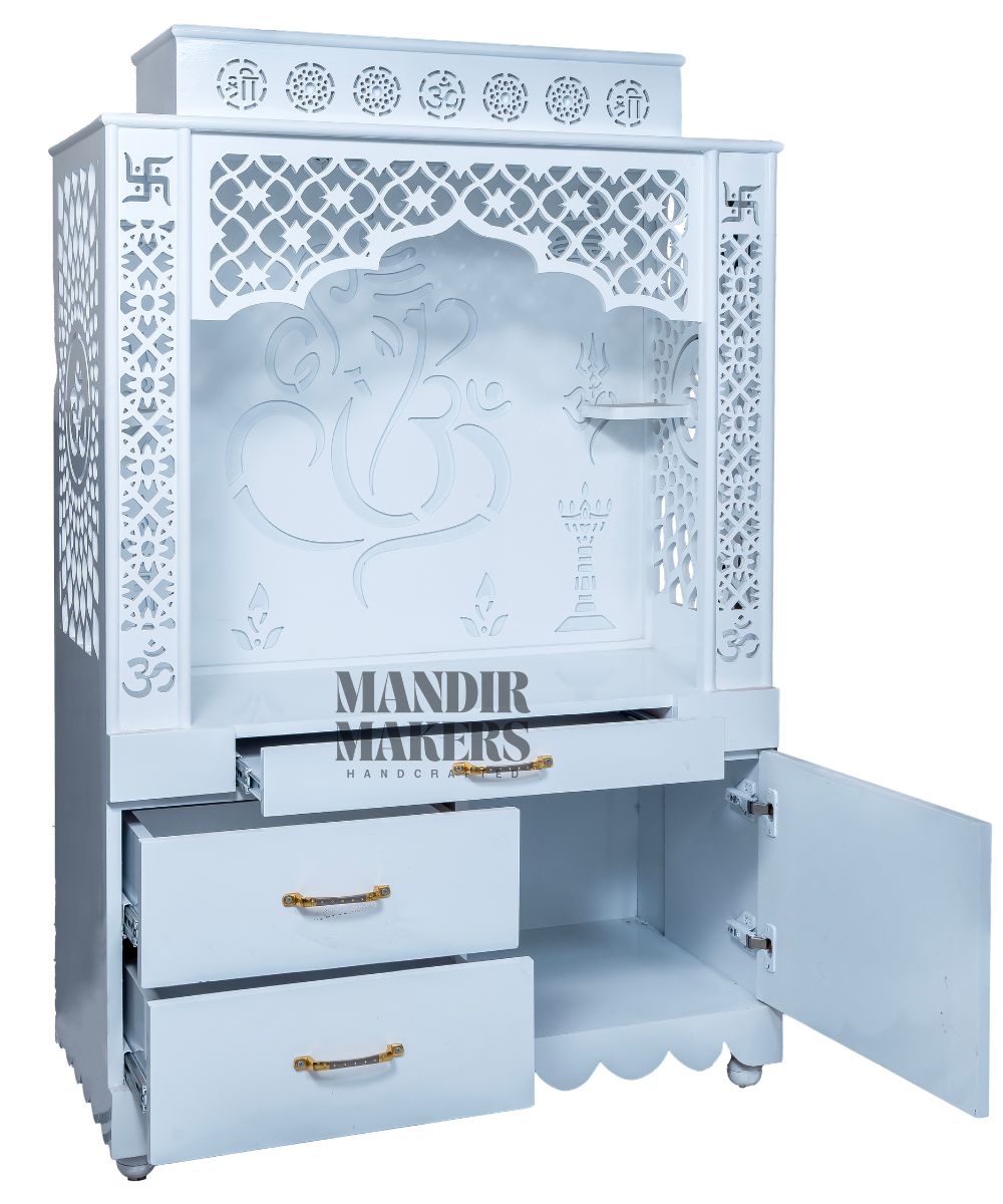 MDF Wood Temple with Ganesh Ji Design & LED Backlight- White (#MM4019)