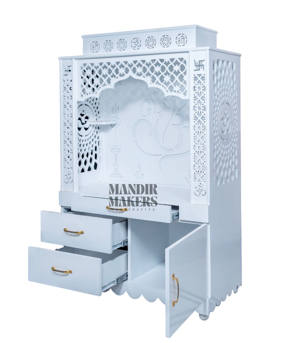 MDF Wood Temple with Ganesh Ji Design & LED Backlight- White (#MM4019)