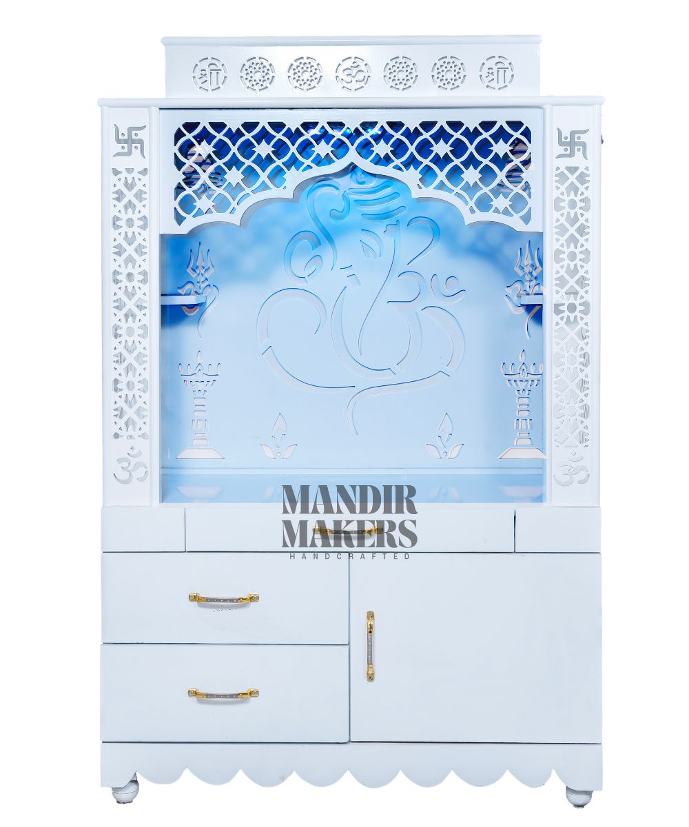 MDF Wood Temple with Ganesh Ji Design & LED Backlight- White (#MM4019)